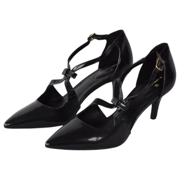 Bandolino Black Faux Leather Pointy Toe Bow Strap Heels Size 8.5 - Picture 1 of 5